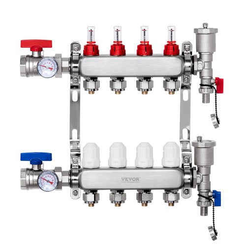 4-Branch Radiant Heat Manifold, 1/2" PEX Tubing Manifold, Stainless Steel PEX Manifold for Hydronic Radiant Floor Heating, Radiant Heat PEX Manifold Kit with 1/2" Adapters Included