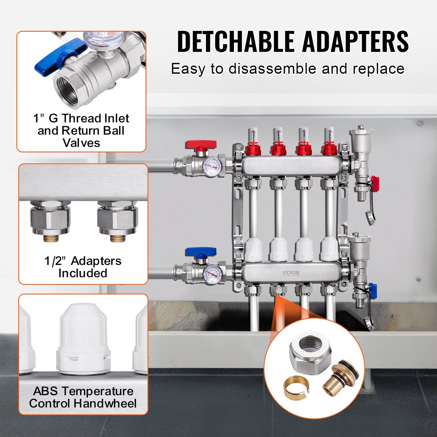 4-Branch Radiant Heat Manifold, 1/2" PEX Tubing Manifold, Stainless Steel PEX Manifold for Hydronic Radiant Floor Heating, Radiant Heat PEX Manifold Kit with 1/2" Adapters Included