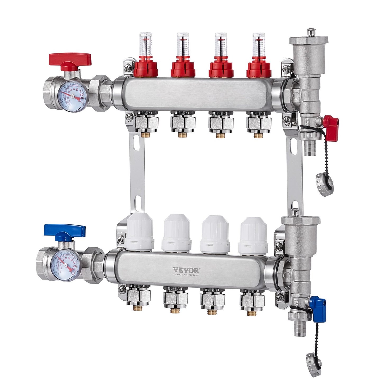 4-Branch Radiant Heat Manifold, 1/2" PEX Tubing Manifold, Stainless Steel PEX Manifold for Hydronic Radiant Floor Heating, Radiant Heat PEX Manifold Kit with 1/2" Adapters Included