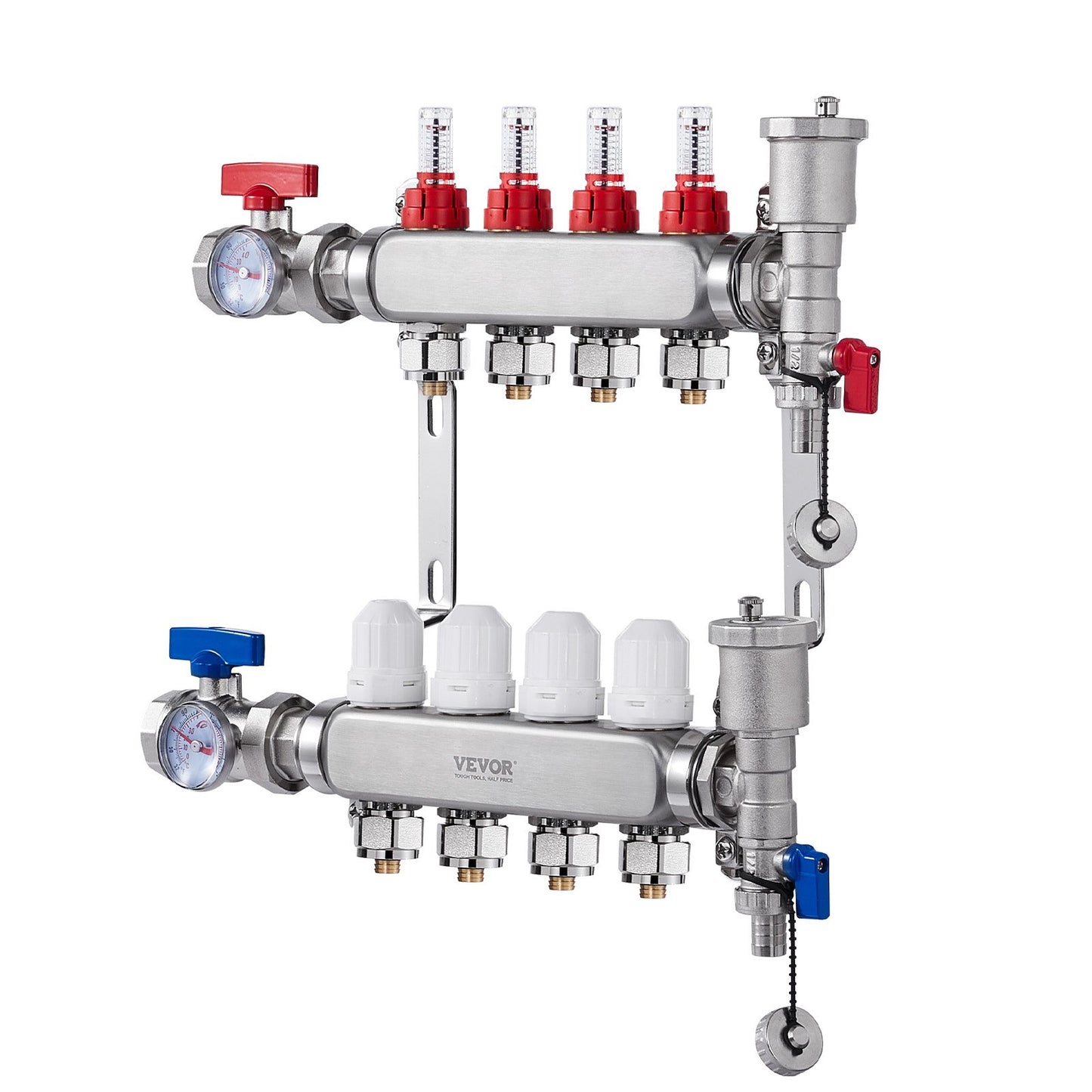 4-Branch Radiant Heat Manifold, 1/2" PEX Tubing Manifold, Stainless Steel PEX Manifold for Hydronic Radiant Floor Heating, Radiant Heat PEX Manifold Kit with 1/2" Adapters Included
