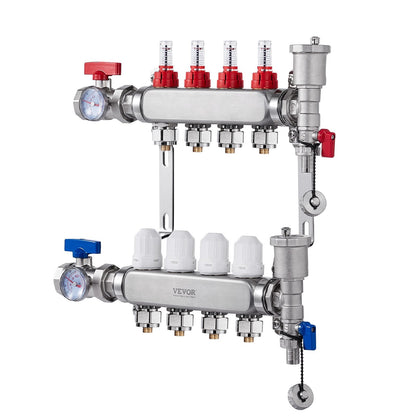 4-Branch Radiant Heat Manifold, 1/2" PEX Tubing Manifold, Stainless Steel PEX Manifold for Hydronic Radiant Floor Heating, Radiant Heat PEX Manifold Kit with 1/2" Adapters Included
