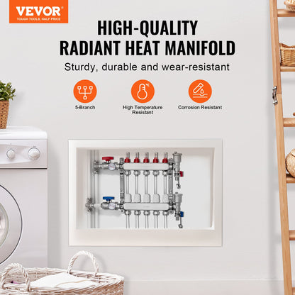 5-Branch Radiant Heat Manifold, 1/2" PEX Tubing Manifold, Stainless Steel PEX Manifold for Hydronic Radiant Floor Heating, Radiant Heat PEX Manifold Kit with 1/2" Adapters Included