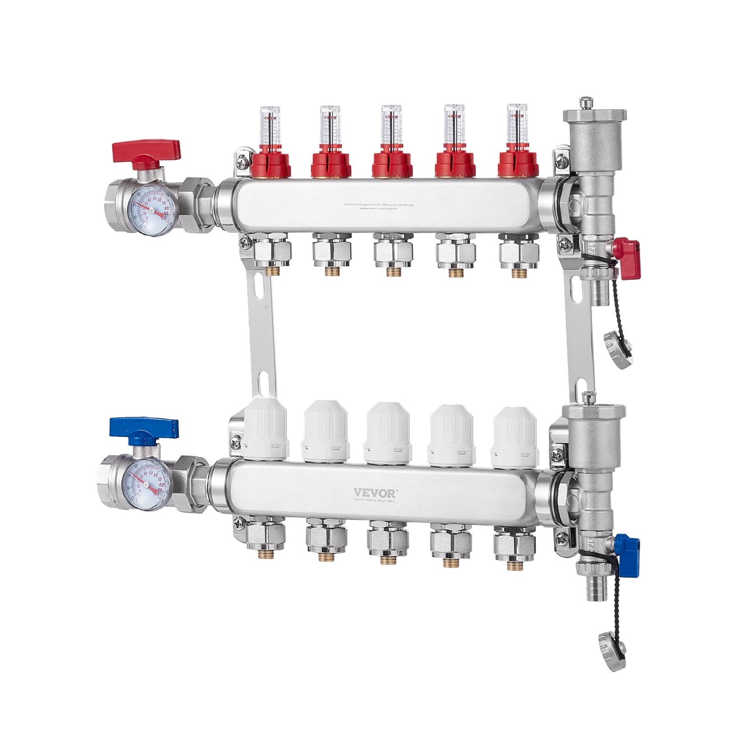5-Branch Radiant Heat Manifold, 1/2" PEX Tubing Manifold, Stainless Steel PEX Manifold for Hydronic Radiant Floor Heating, Radiant Heat PEX Manifold Kit with 1/2" Adapters Included