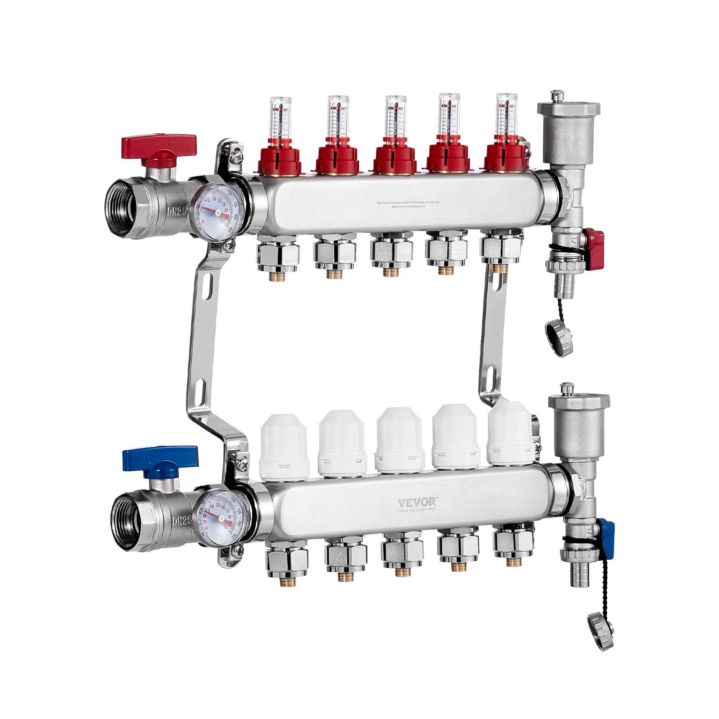 5-Branch Radiant Heat Manifold, 1/2" PEX Tubing Manifold, Stainless Steel PEX Manifold for Hydronic Radiant Floor Heating, Radiant Heat PEX Manifold Kit with 1/2" Adapters Included