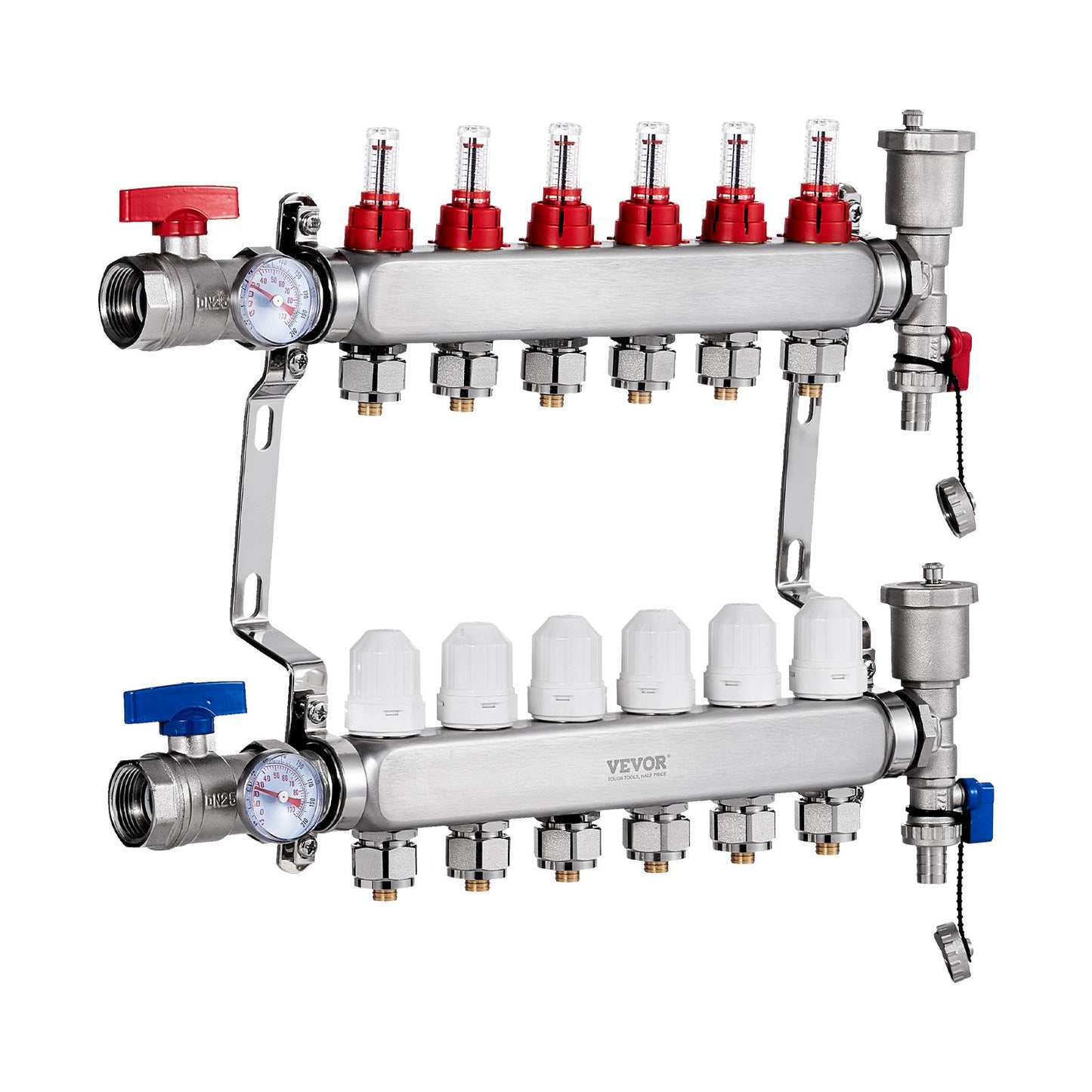 6-Branch Radiant Heat Manifold, 1/2" PEX Tubing Manifold, Stainless Steel PEX Manifold for Hydronic Radiant Floor Heating, Radiant Heat PEX Manifold Kit with 1/2" Adapters Included