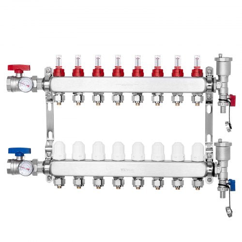 8-Branch Radiant Heat Manifold, 1/2" PEX Tubing Manifold, Stainless Steel PEX Manifold for Hydronic Radiant Floor Heating, Radiant Heat PEX Manifold Kit with 1/2" Adapters Included