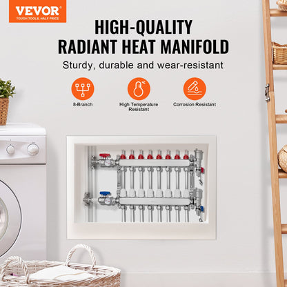 8-Branch Radiant Heat Manifold, 1/2" PEX Tubing Manifold, Stainless Steel PEX Manifold for Hydronic Radiant Floor Heating, Radiant Heat PEX Manifold Kit with 1/2" Adapters Included