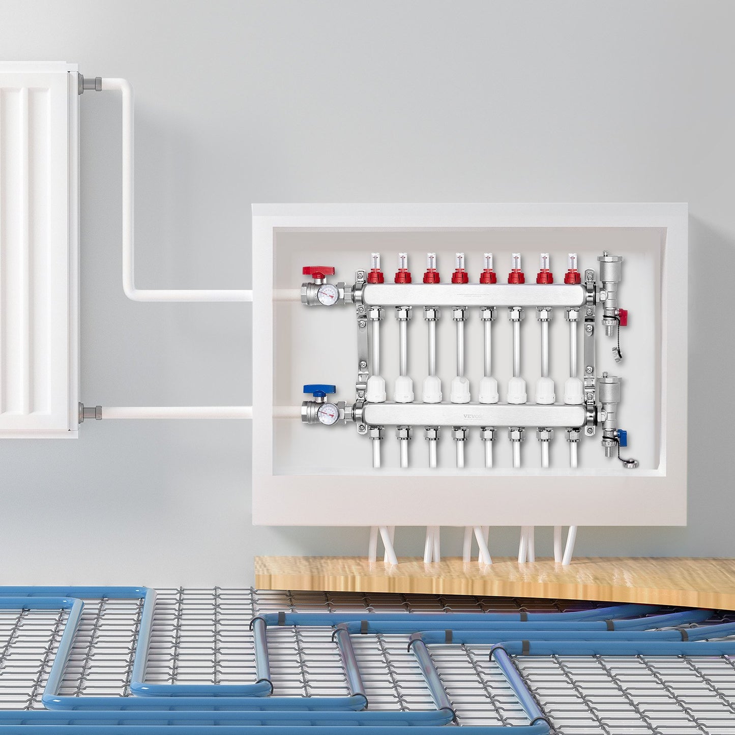 8-Branch Radiant Heat Manifold, 1/2" PEX Tubing Manifold, Stainless Steel PEX Manifold for Hydronic Radiant Floor Heating, Radiant Heat PEX Manifold Kit with 1/2" Adapters Included