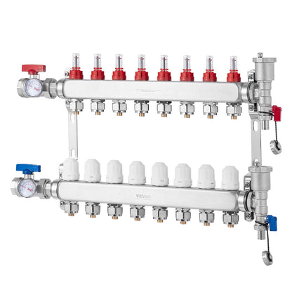 8-Branch Radiant Heat Manifold, 1/2" PEX Tubing Manifold, Stainless Steel PEX Manifold for Hydronic Radiant Floor Heating, Radiant Heat PEX Manifold Kit with 1/2" Adapters Included