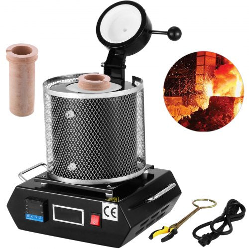 Goldschmelzofen, 1350 W, max. 1150 °C Temperatur, digitaler elektrischer Schmelzofen mit 1 kg Keramiktiegel, zum Gießen und Raffinieren von Edelmetallen, schmilzt Gold, Silber und Aluminium.