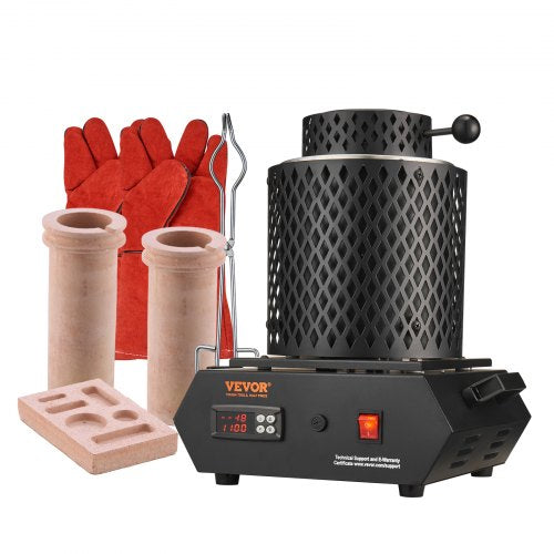 Goldschmelzofen, 1350 W, max. 1150 °C, digitaler elektrischer Schmelzofen mit 1-kg- und 3-kg-Keramiktiegeln, Tiegelzange und Handschuhen, für Gold, Silber, Aluminium und Kupfer