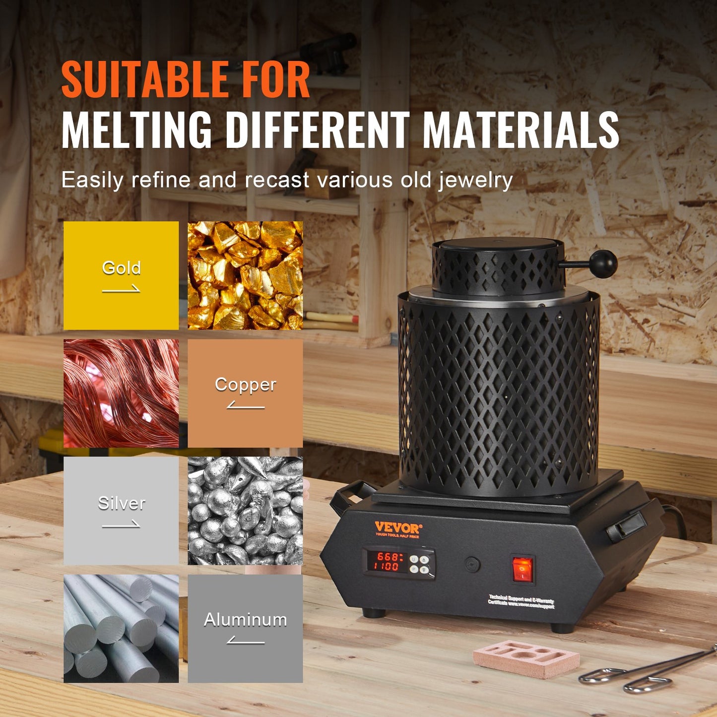 Goldschmelzofen, 1350 W, max. 1150 °C, digitaler elektrischer Schmelzofen mit 1-kg- und 3-kg-Keramiktiegeln, Tiegelzange und Handschuhen, für Gold, Silber, Aluminium und Kupfer