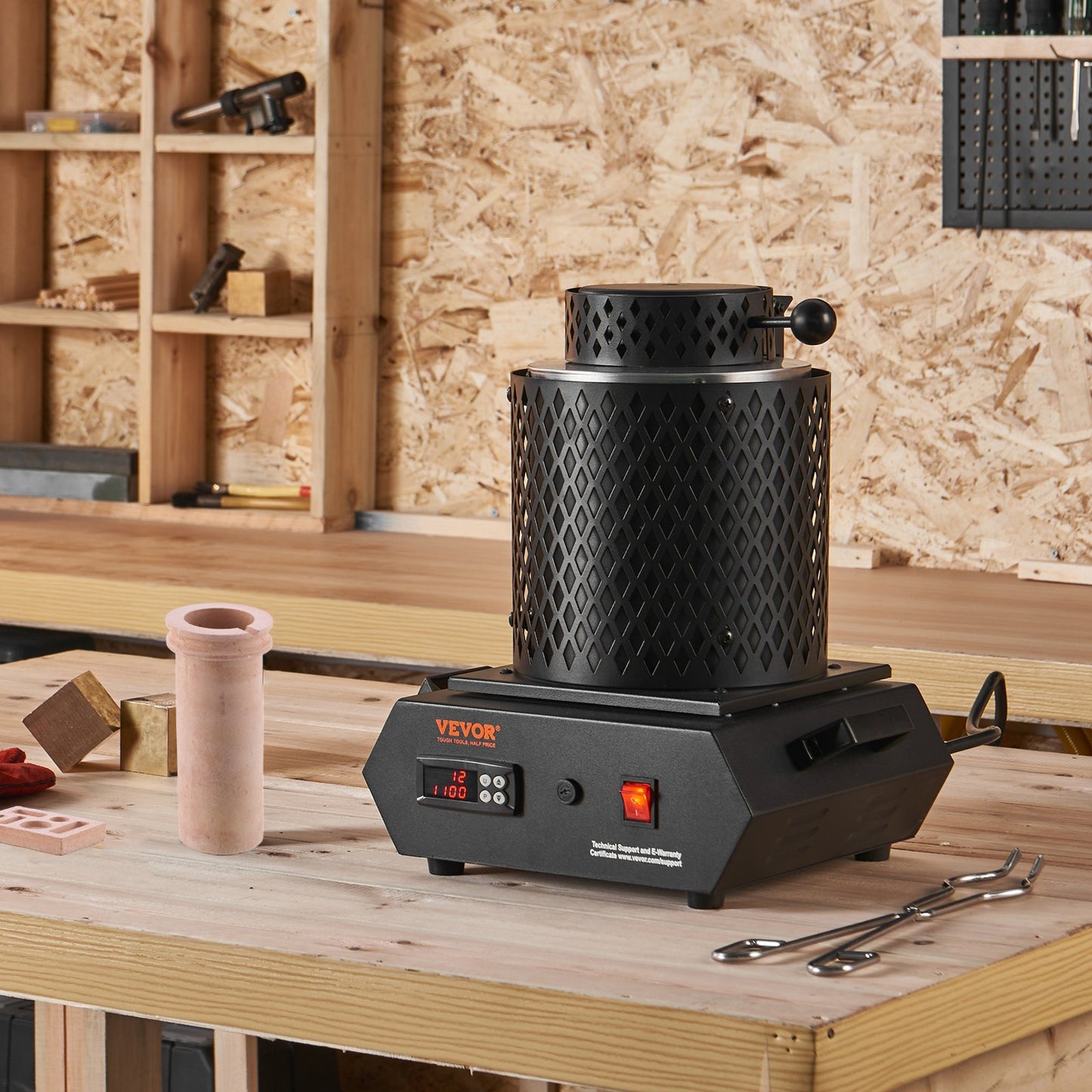 Goldschmelzofen, 1350 W, max. 1150 °C, digitaler elektrischer Schmelzofen mit 1-kg- und 3-kg-Keramiktiegeln, Tiegelzange und Handschuhen, für Gold, Silber, Aluminium und Kupfer