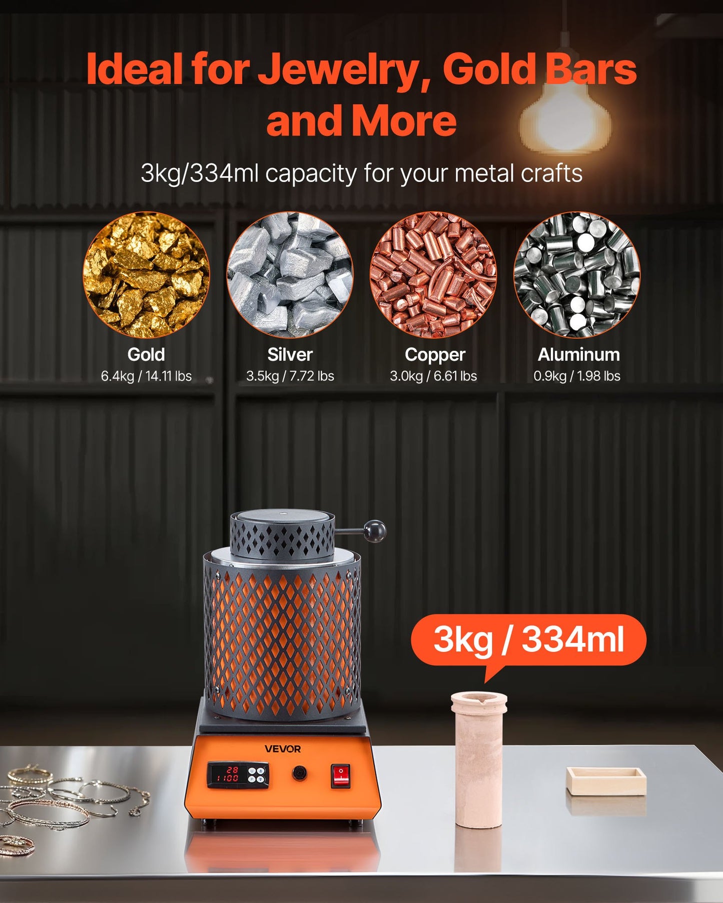 Electric Melting Furnace, 1350W Electric Melting Furnace Kit, 2102℉/1150℃ Metal Smelting Machine with 3kg Ceramic Crucible, Gold Smelting Kit for Jewelry Making, Metal Bars, Metal Components