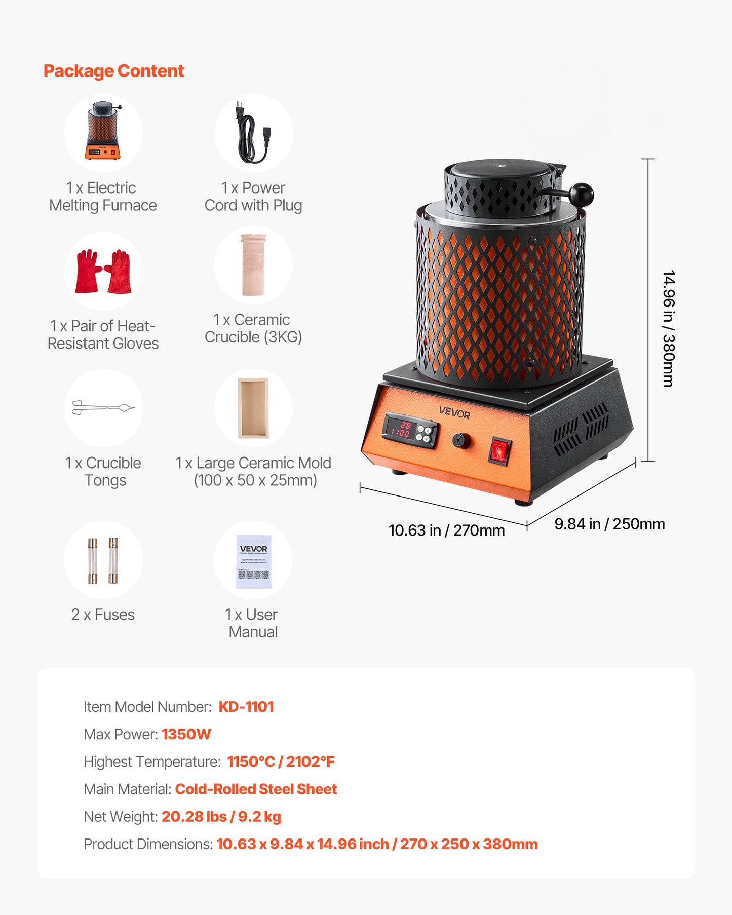 Electric Melting Furnace, 1350W Electric Melting Furnace Kit, 2102℉/1150℃ Metal Smelting Machine with 3kg Ceramic Crucible, Gold Smelting Kit for Jewelry Making, Metal Bars, Metal Components