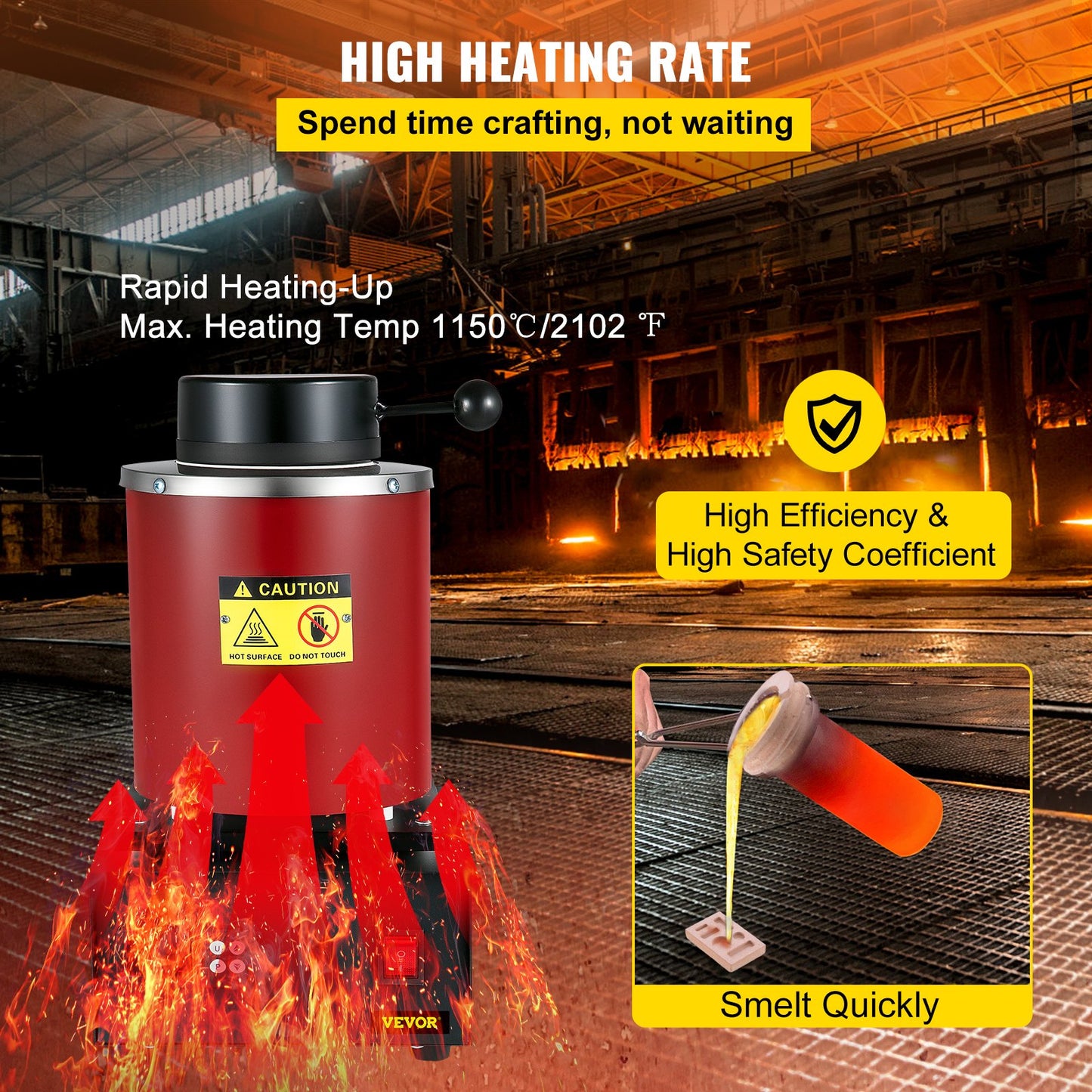 Goldschmelzofen, 1350 W, max. 1150 °C Temperatur, digitaler elektrischer Schmelzofen, mit 3 kg Keramiktiegel, Gussform und Handschuhen, zur Verarbeitung von Gold, Silber, Kupfer und Aluminium