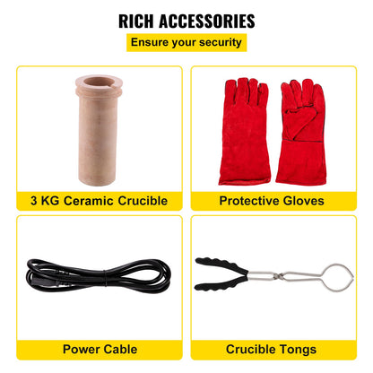 Goldschmelzofen, 1350 W, max. 1150 °C Temperatur, digitaler elektrischer Schmelzofen, mit 3 kg Keramiktiegel, Gussform und Handschuhen, zur Verarbeitung von Gold, Silber, Kupfer und Aluminium