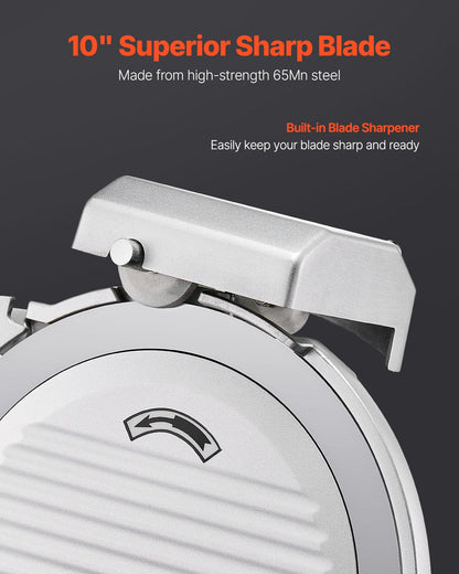 Commercial Meat Slicer, 10 inch Electric Deli Food Slicer, 180W Meat Cutter with a Premium 65Mn Blade, 0-0.4 inch Adjustable Thickness, Food Slicer Machine for Meat Vegetables Hard Bread Cheese