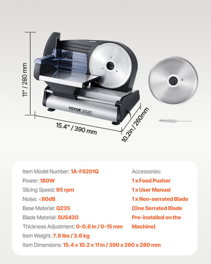 Meat Slicer, 7.5 inch Electric Deli Food Slicer, 180W Meat Cutter with two Premium SUS420 Blades, 0-0.6 inch Adjustable Thickness, Food Slicer Machine for Meat, Hard Bread and Cheese, Home Use