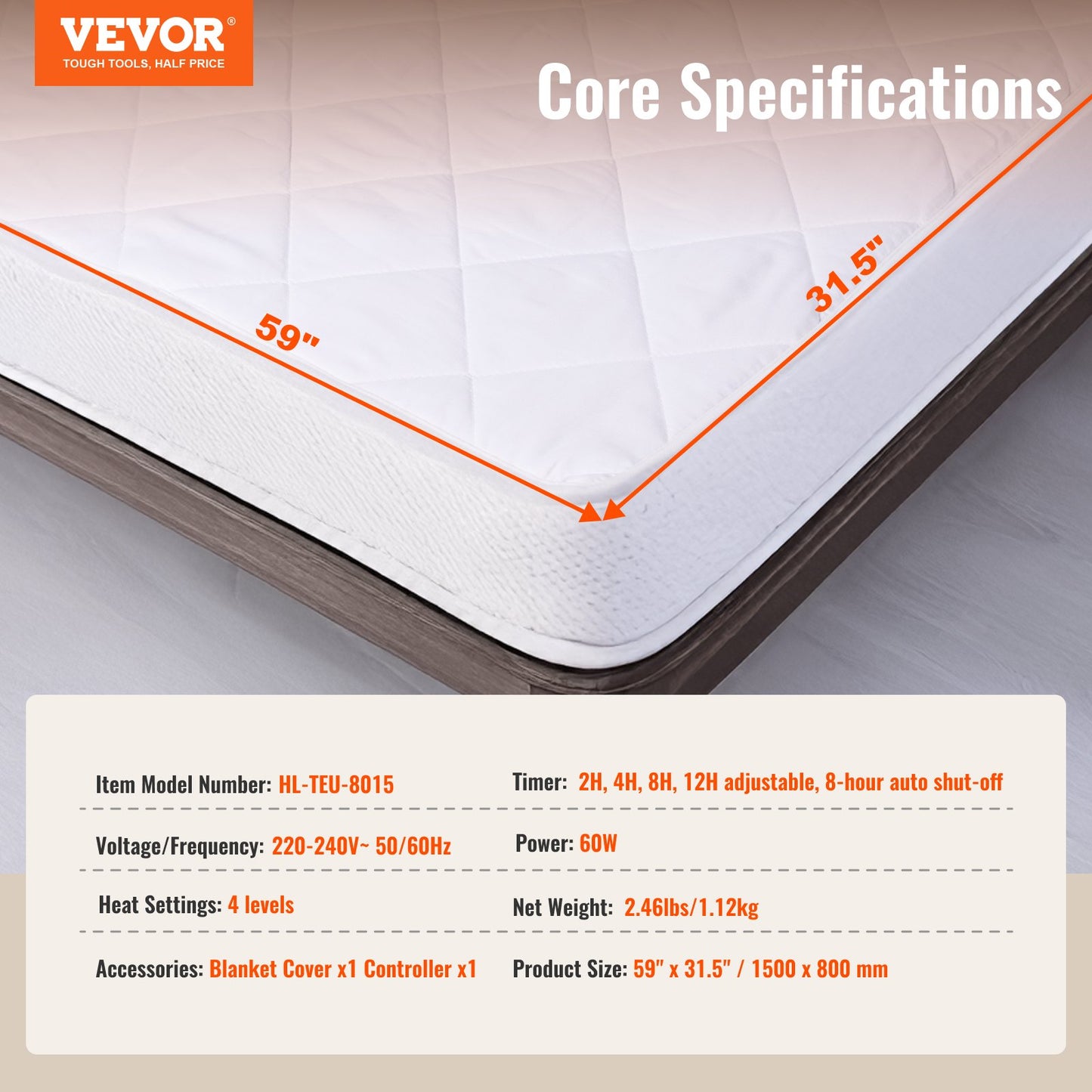 Beheizbare Matratzenauflage, 150 x 80 cm, elektrische Bettwärmer mit 4 Heizstufen, 12-Stunden-Timer, 8-Stunden-Abschaltautomatik, elektrischer Matratzenbezug aus gebürstetem Stoff mit tiefem Rundum-Gummizug