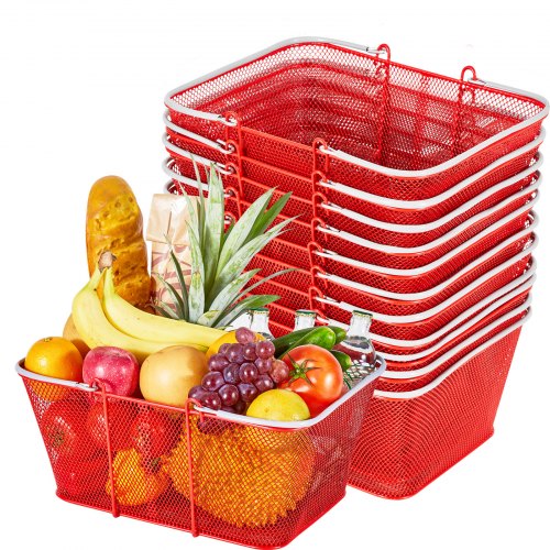 Shopping Baskets, 12 PCS, 22L Stackable Metal Grocery Baskets with Handles, Dense Mesh Structure, Holds up to 20 kg, Portable for Grocery, Retail, Stores, Supermarket, Bookstore, Home Use, Red