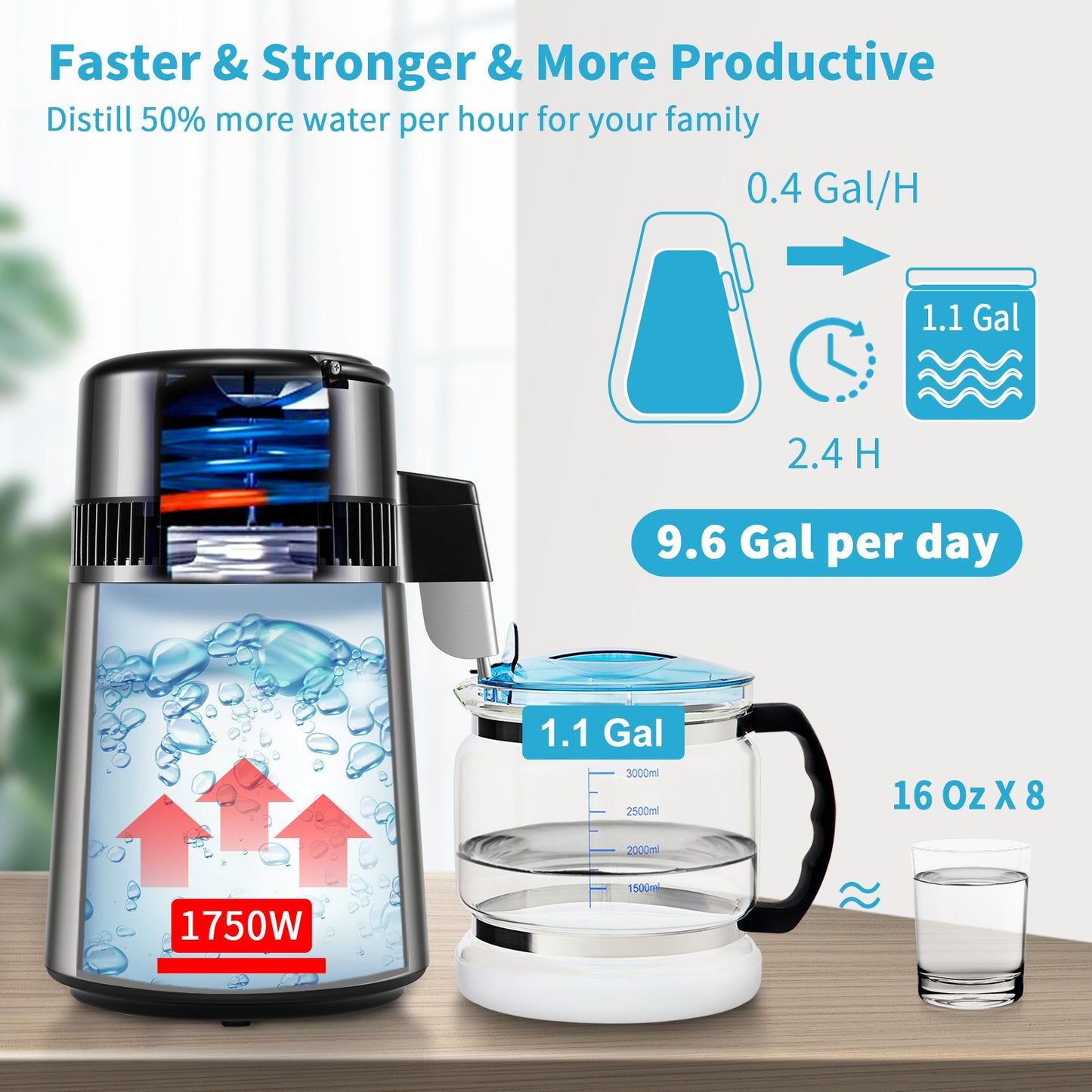 4-Liter-Wasserdestilliergerät, 1,5 l/h destilliertes Wasser, Timer, Dual-Temp-Funktion, Silber