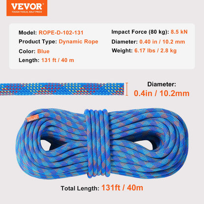 Dynamisches Kletterseil, 10,2 mm, 40 m (131 ft), 25 kN Bruchlast, dehnbares Faserseil mit Stahlkarabinern für Flucht, Abseilen und Feuerwehreinsätze, blau