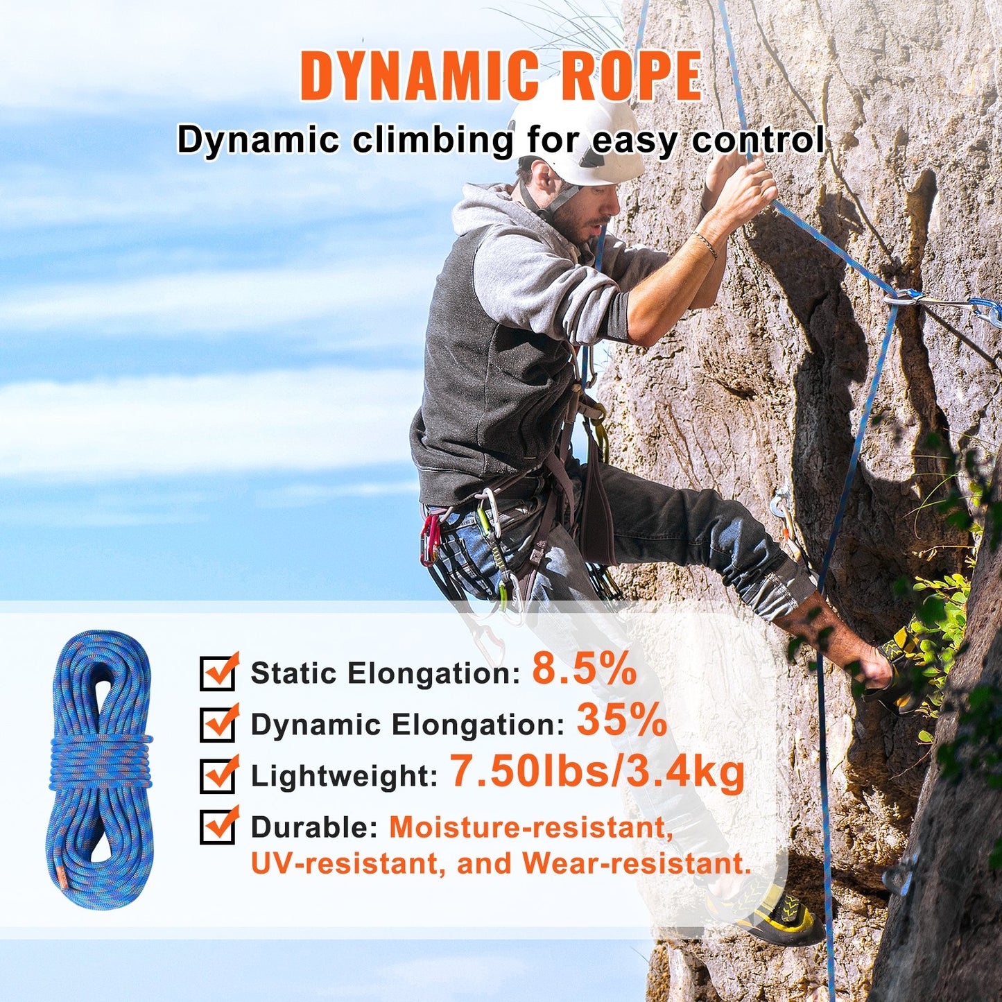 Dynamisches Kletterseil, 10,2 mm, 50 m (164 ft), 25 kN Bruchlast, dehnbares Faserseil mit Stahlkarabinern für Flucht, Abseilen und Feuerwehreinsätze, blau