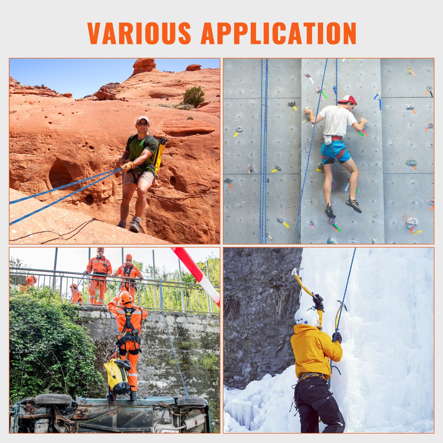 Dynamisches Kletterseil, 10,2 mm, 50 m (164 ft), 25 kN Bruchlast, dehnbares Faserseil mit Stahlkarabinern für Flucht, Abseilen und Feuerwehreinsätze, blau