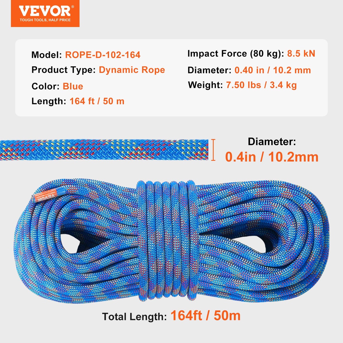 Dynamisches Kletterseil, 10,2 mm, 50 m (164 ft), 25 kN Bruchlast, dehnbares Faserseil mit Stahlkarabinern für Flucht, Abseilen und Feuerwehreinsätze, blau