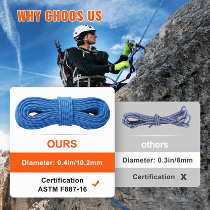 Dynamisches Kletterseil, 10,2 mm, 60 m (197 ft), 25 kN Bruchlast, dehnbares Faserseil mit Stahlkarabinern für Flucht, Abseilen und Feuerwehreinsätze, blau