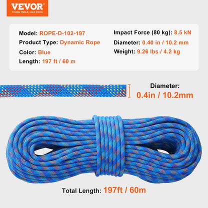 Dynamisches Kletterseil, 10,2 mm, 60 m (197 ft), 25 kN Bruchlast, dehnbares Faserseil mit Stahlkarabinern für Flucht, Abseilen und Feuerwehreinsätze, blau
