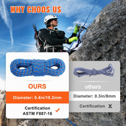Dynamisches Kletterseil, 10,2 mm, 70 m (230 Fuß), 25 kN Bruchlast, dehnbares Faserseil mit Stahlkarabinern für Flucht, Abseilen und Feuerwehreinsätze, blau