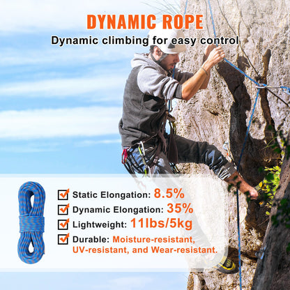 Dynamisches Kletterseil, 10,2 mm, 70 m (230 Fuß), 25 kN Bruchlast, dehnbares Faserseil mit Stahlkarabinern für Flucht, Abseilen und Feuerwehreinsätze, blau