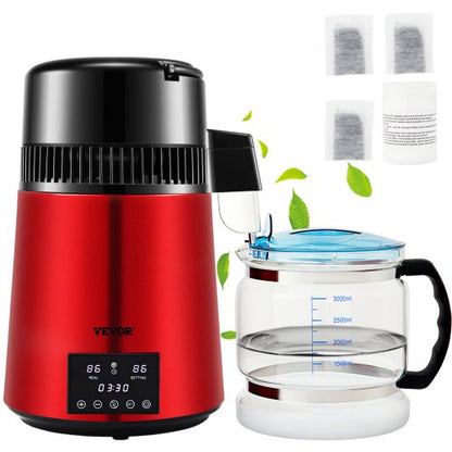 Wasserdestilliergerät, 1 l/h, 4-Liter-Destillierwasserbereiter mit 0–99-Stunden-Timer, 750-W-Tischwasserfilter mit dualer Temperaturanzeige, Glaskaraffe, Reinigungspulver und 3 Kohlepackungen inklusive, FDA-zugelassen, wiederaufladbar