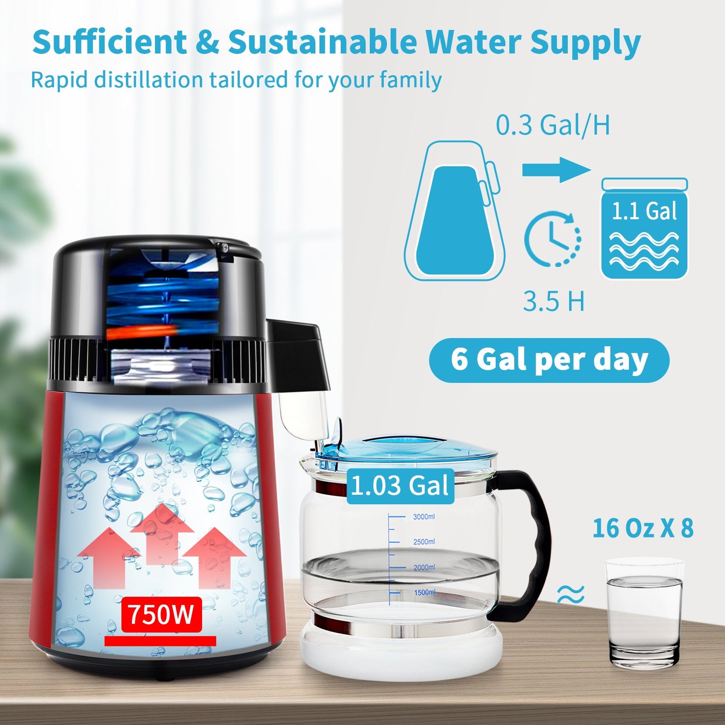 Wasserdestilliergerät, 1 l/h, 4-Liter-Destillierwasserbereiter mit 0–99-Stunden-Timer, 750-W-Tischwasserfilter mit dualer Temperaturanzeige, Glaskaraffe, Reinigungspulver und 3 Kohlepackungen inklusive, FDA-zugelassen, wiederaufladbar