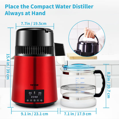 Wasserdestilliergerät, 1 l/h, 4-Liter-Destillierwasserbereiter mit 0–99-Stunden-Timer, 750-W-Tischwasserfilter mit dualer Temperaturanzeige, Glaskaraffe, Reinigungspulver und 3 Kohlepackungen inklusive, FDA-zugelassen, wiederaufladbar