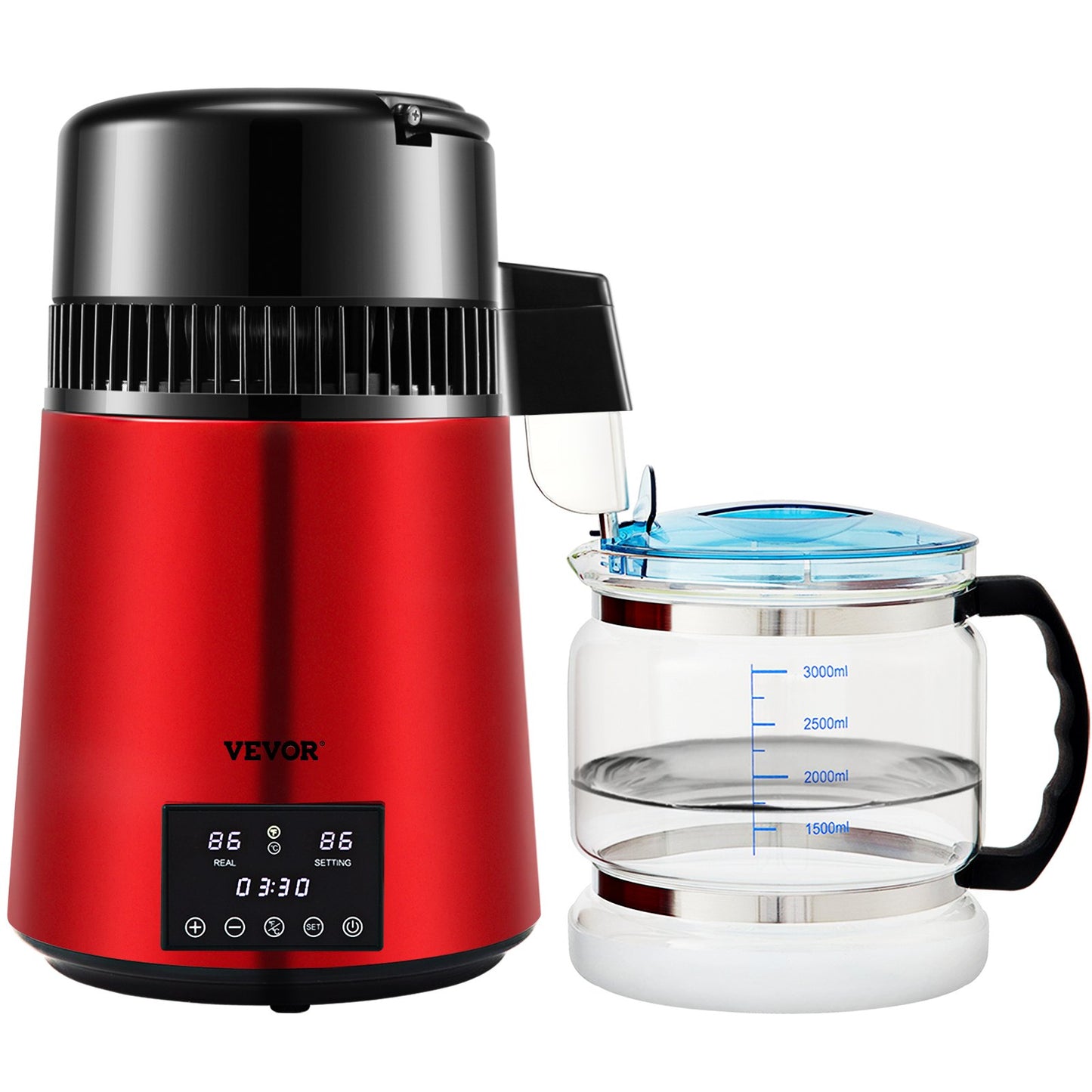Wasserdestilliergerät, 1 l/h, 4-Liter-Destillierwasserbereiter mit 0–99-Stunden-Timer, 750-W-Tischwasserfilter mit dualer Temperaturanzeige, Glaskaraffe, Reinigungspulver und 3 Kohlepackungen inklusive, FDA-zugelassen, wiederaufladbar