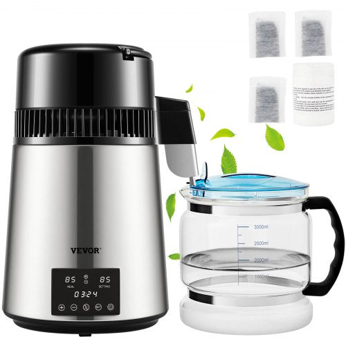 Water Distiller, 1 L/H, 4L Distilled Water Maker with 0-99 H Timing, 750W Countertop Water Purifier with Dual Temp Display, Glass Carafe Cleaning Powder 3 Carbon Packs Equipped, FDA Approved, Si