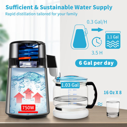 Wasserdestilliergerät, 1 l/h, 4-Liter-Destillierwasserbereiter mit 0–99-Stunden-Timer, 750-W-Tischwasserfilter mit dualer Temperaturanzeige, Glaskaraffe, Reinigungspulver und 3 Kohlepackungen inklusive, FDA-zugelassen, Si