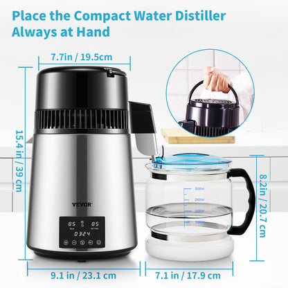 Wasserdestilliergerät, 1 l/h, 4-Liter-Destillierwasserbereiter mit 0–99-Stunden-Timer, 750-W-Tischwasserfilter mit dualer Temperaturanzeige, Glaskaraffe, Reinigungspulver und 3 Kohlepackungen inklusive, FDA-zugelassen, Si