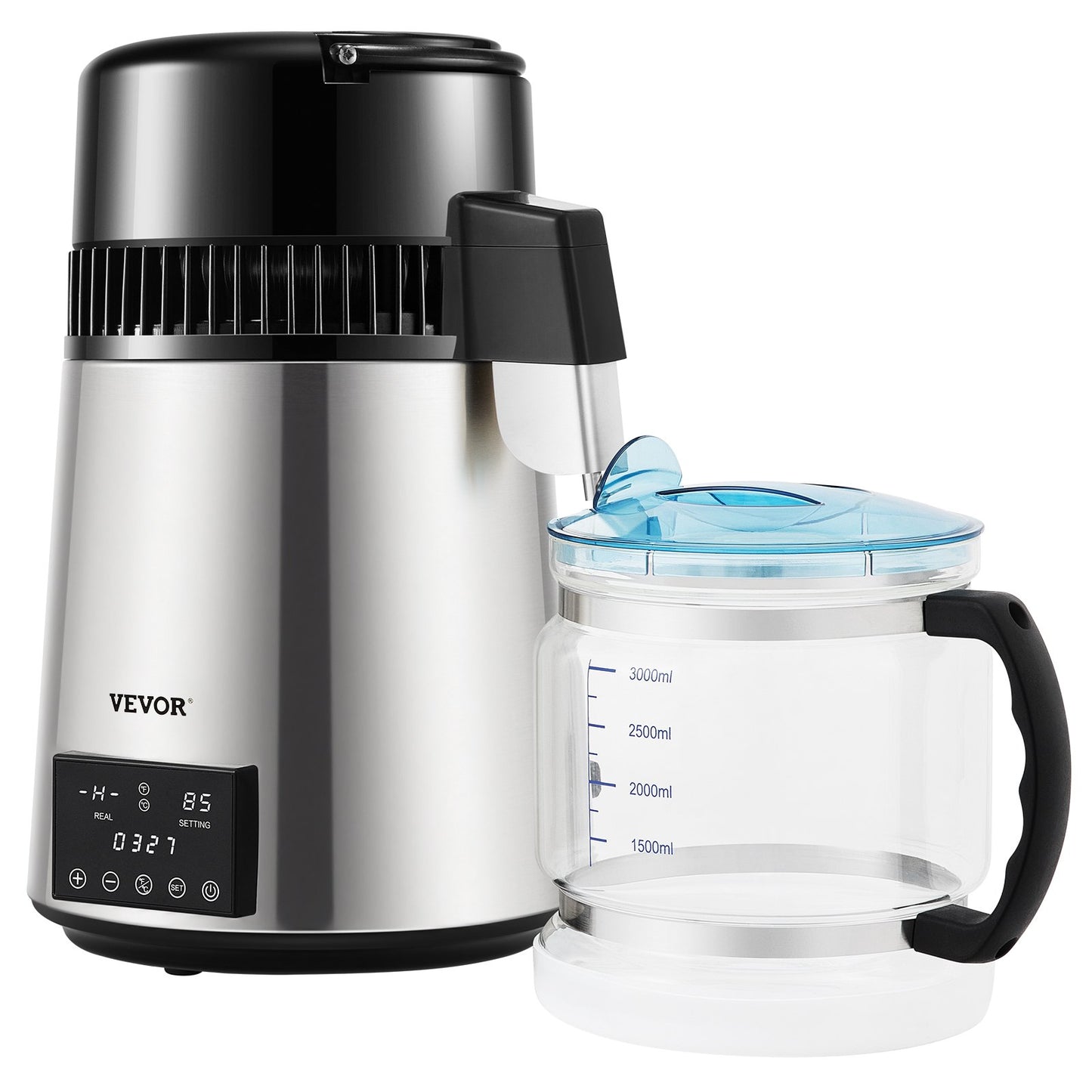 Wasserdestilliergerät, 1 l/h, 4-Liter-Destillierwasserbereiter mit 0–99-Stunden-Timer, 750-W-Tischwasserfilter mit dualer Temperaturanzeige, Glaskaraffe, Reinigungspulver und 3 Kohlepackungen inklusive, FDA-zugelassen, Si