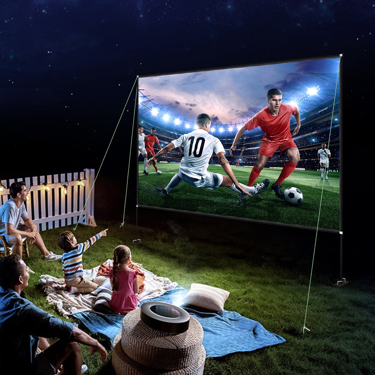 Outdoor Movie Screen w/ Stand, 150" Portable Movie Screen, 16:9 HD Wide Angle Outdoor Projector Screen, Front & Rear Projection, w/ Storage Bag & Stand for Office Home Theater Outdoor Indoor Use