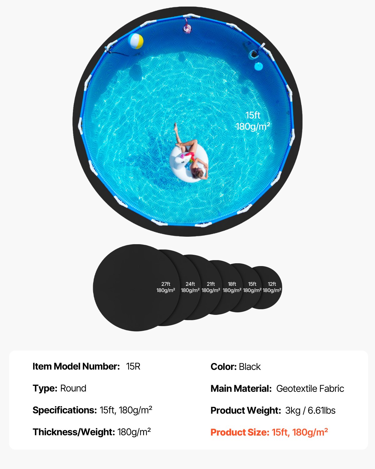 Runde Poolfolienunterlage (4,57 m Durchmesser), extra dicke Unterlage für Aufstellpools, schützt vor Beschädigungen, aus recyceltem Geotextilmaterial, verlängert die Lebensdauer der Poolfolie