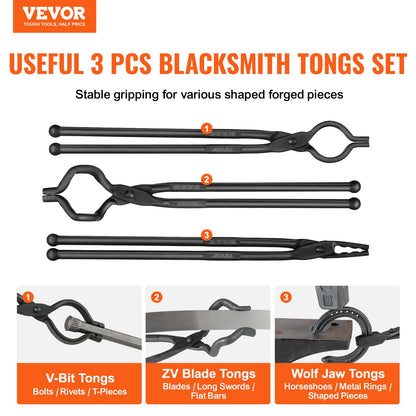 Blacksmith Tongs, 45.7 cm 3 PCS, V-Bit Bolt Tongs, Wolf Jaw Tongs and Z V-Bit Tongs, Carbon Steel Forge Tongs with A3 Steel Rivets, for Beginner and Seasoned Blacksmiths, Bladesmiths and Craftsmen