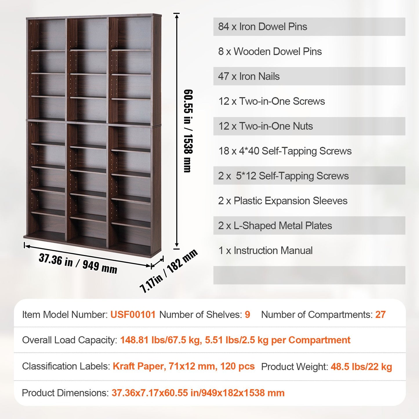 Medienschrank, 9-lagiges DVD-Regal für bis zu 756 CDs, verstellbare CD-Regale, 27 Fächer, schützt und organisiert Musik-, Film-, Videospiel- oder Sammlerstücke, Espresso