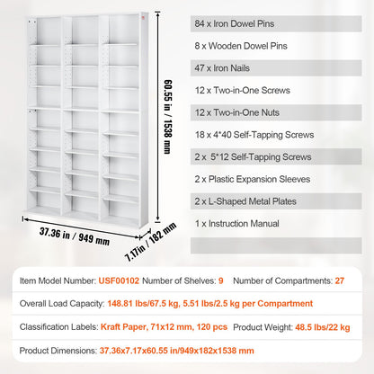 Medienschrank mit 9 DVD-Fächern, Platz für bis zu 756 CDs, verstellbare CD-Regale, 27 Fächer, schützt und organisiert Musik-, Film-, Videospiel- oder Sammlerstücke, Weiß