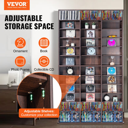Medienschrank, verstellbarer DVD-Schrank, CD-Aufbewahrung für bis zu 1080 CDs, schützt und organisiert Musik-, Film-, Videospiel- oder Erinnerungsstücksammlungen – Espresso