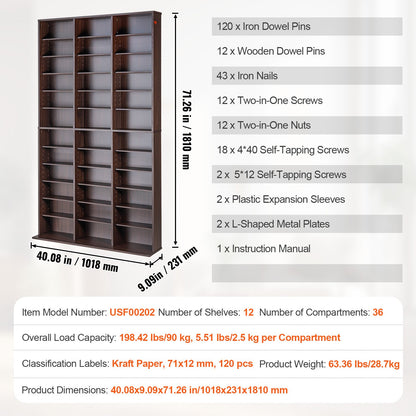 Medienschrank, verstellbarer DVD-Schrank, CD-Aufbewahrung für bis zu 1080 CDs, schützt und organisiert Musik-, Film-, Videospiel- oder Erinnerungsstücksammlungen – Espresso