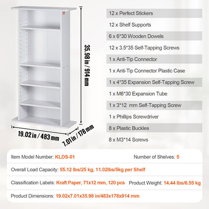 Medienschrank mit 5 DVD-Regalebenen für bis zu 240 CDs, verstellbare CD-Ablagen, schützt und organisiert Musik-, Film-, Videospiel- oder Sammlerstücke, Weiß